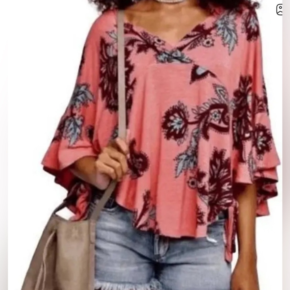 Free People Maui Wowi Floral Coral Flowy Blouse